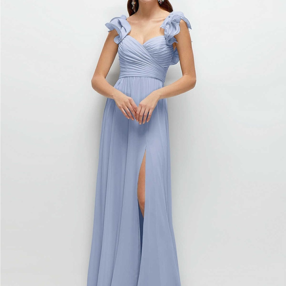 Dramatic ruffle edge strap chiffon maxi dress in skye blue